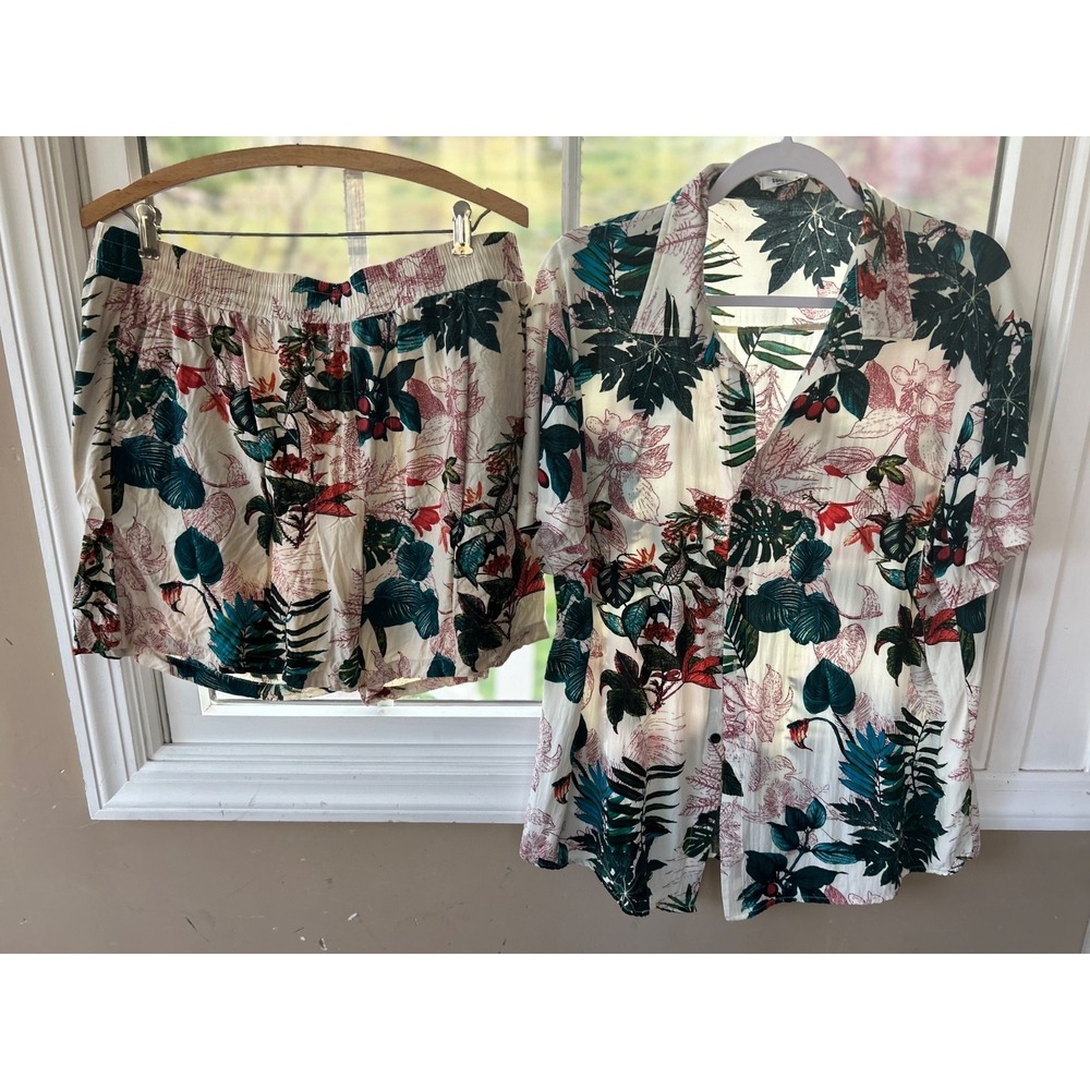 COOFANDY Hawaiian Matching Set Summer Beach 2 Piece Outfits Flower Button Large